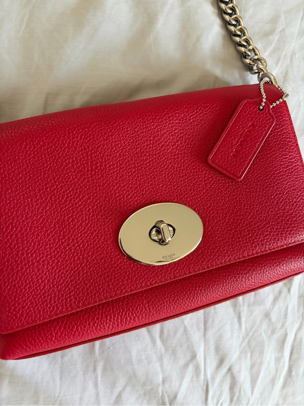 Coach Red Pebbled Leather Shoulder Bag with Gold Turnlock